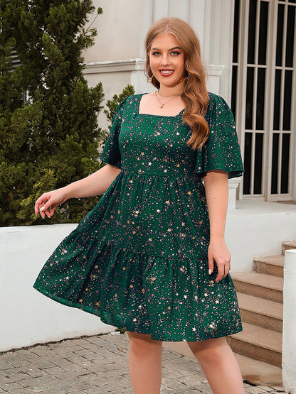 Festive Dresses- Oversized Sparkle A-Line Dress for Curvy Glam- Green- Chuzko Women Clothing