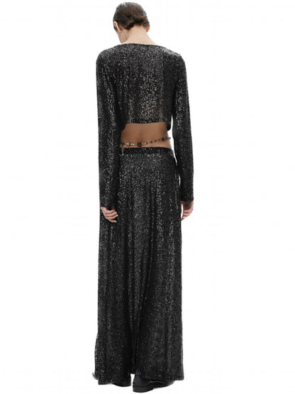 Festive Outfits- Festive Sparkle Sequined Crop Top + Elegant Maxi Skirt- Chuzko Women Clothing