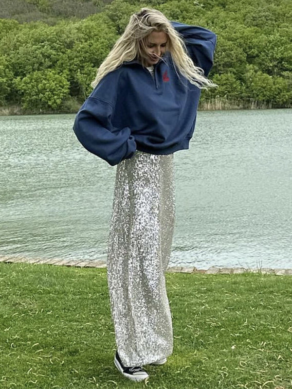 Festive Outfits- Festive Sparkle Sequined Crop Top + Elegant Maxi Skirt- Chuzko Women Clothing