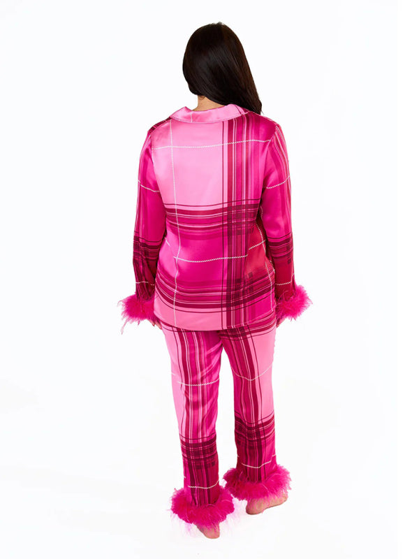 Festive Pajamas- Festive Satin Pajamas | Feather Accents 2-Piece Pants & Long Sleeve Shirt- Chuzko Women Clothing