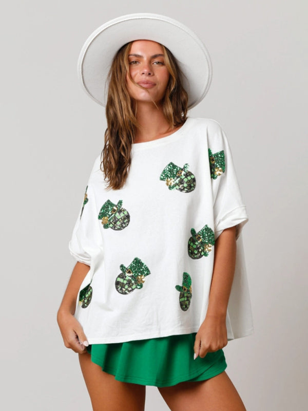 Festive Tees- Sparkle Leprechaun on Saint Patrick's Oversized T-Shirt- Chuzko Women Clothing