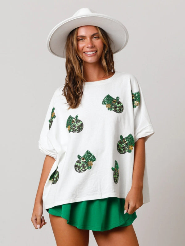 Festive Tees- Sparkle Leprechaun on Saint Patrick's Oversized T-Shirt- Chuzko Women Clothing