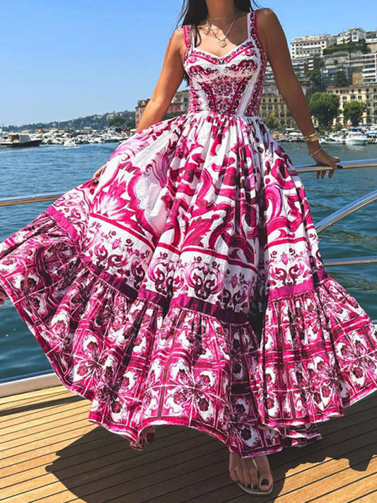 Fit and Flare Dresses- Romantic Vintage Print Sleeveless Fit and Flare Maxi Dress- Rose- Chuzko Women Clothing