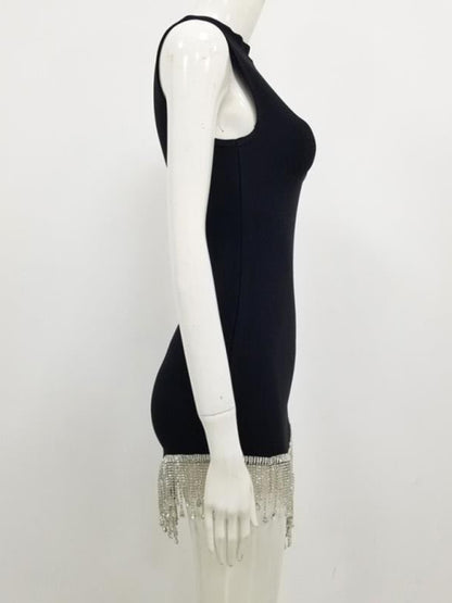 Flapper Dresses- Flapper Rhinestone Fringe Sleeveless Bodycon Mini Dress- Chuzko Women Clothing