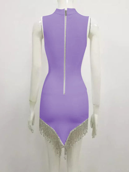 Flapper Dresses- Flapper Rhinestone Fringe Sleeveless Bodycon Mini Dress- Chuzko Women Clothing