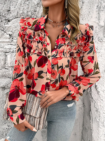 Floral Blouses- Classy Floral Button-up Blouse - Long Sleeve Ruffle Shirt- - Chuzko Women Clothing