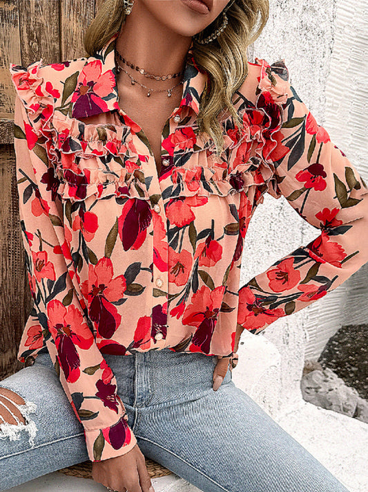 Floral Blouses- Classy Floral Button-up Blouse - Long Sleeve Ruffle Shirt- Pink- Chuzko Women Clothing