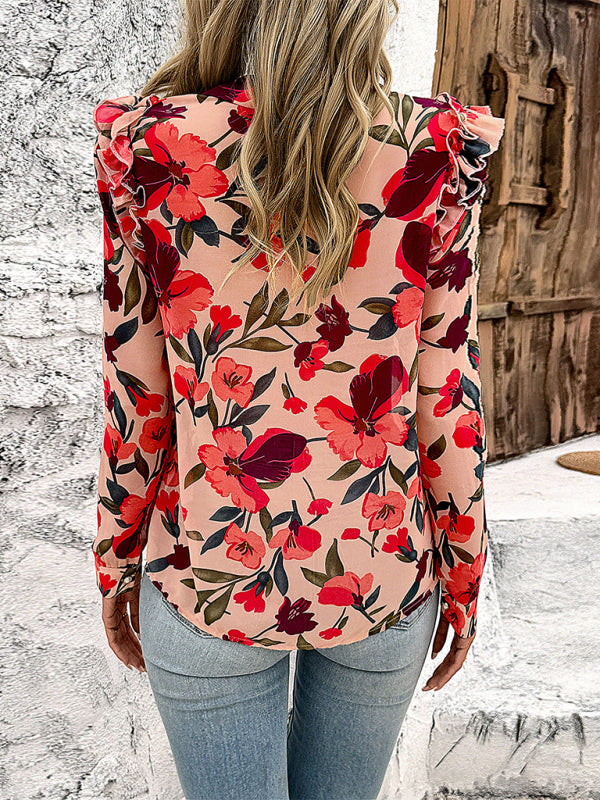 Floral Blouses- Classy Floral Button-up Blouse - Long Sleeve Ruffle Shirt- - Chuzko Women Clothing