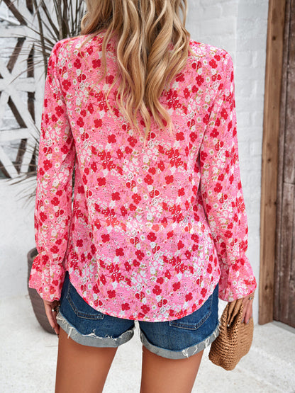 Floral Blouses- Floral V-Neck Long-Sleeve Blouse with Delicate Lace- Chuzko Women Clothing