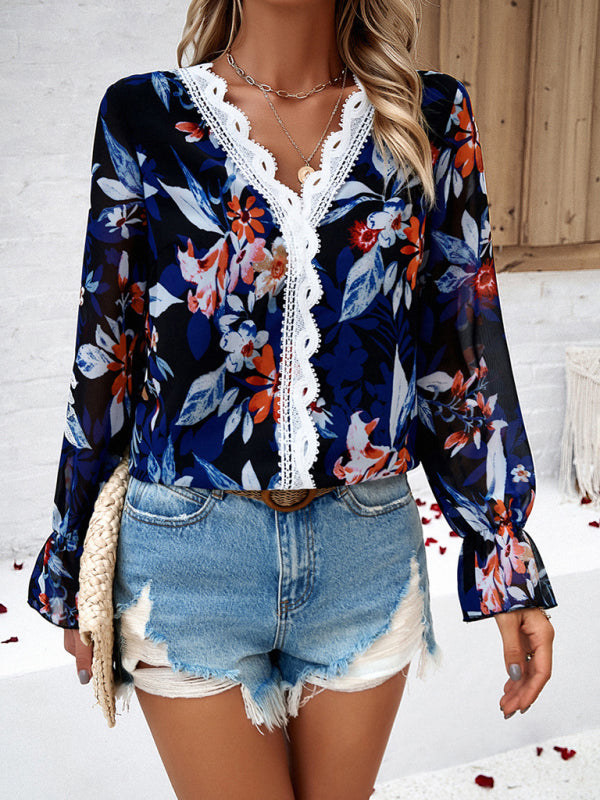 Floral Blouses- Floral V-Neck Long-Sleeve Blouse with Delicate Lace- Chuzko Women Clothing
