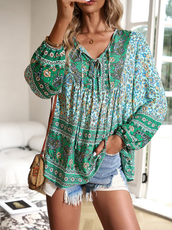 Floral Blouses- Spring Blossom Blouse | Tie-Front Long Sleeve Top- Chuzko Women Clothing
