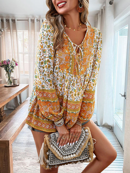 Floral Blouses- Spring Blossom Blouse | Tie-Front Long Sleeve Top- Chuzko Women Clothing