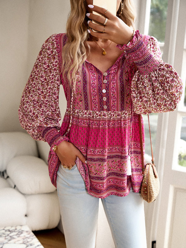 Floral Blouses- Spring Floral Print Flowy Blouse | Long Sleeve Tie-Front Top- Chuzko Women Clothing