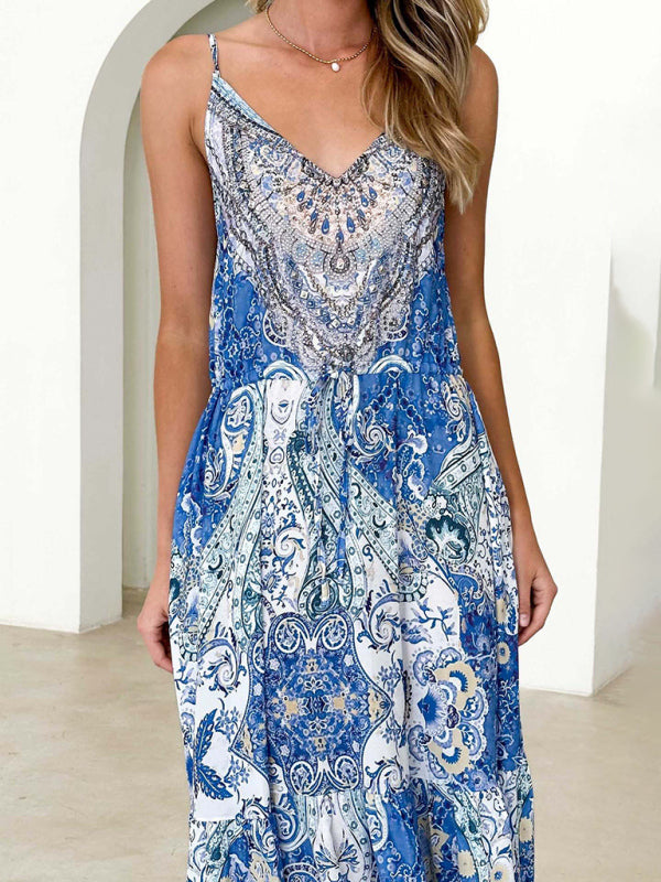 Floral Cami Dress- Elegant Summer Floral Print A-Line Cami Maxi Dress- Chuzko Women Clothing