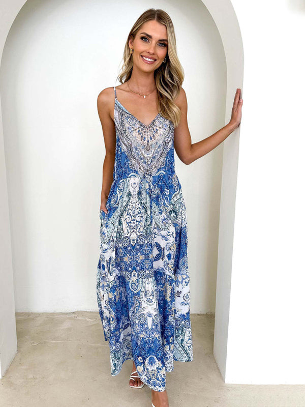 Floral Cami Dress- Elegant Summer Floral Print A-Line Cami Maxi Dress- Chuzko Women Clothing