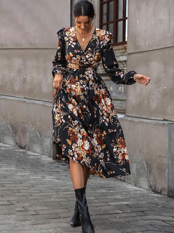 Floral Dresses- Belted Floral A-Line Dress with Long Sleeves- Chuzko Women Clothing