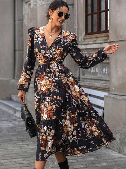 Floral Dresses- Belted Floral A-Line Dress with Long Sleeves- Chuzko Women Clothing