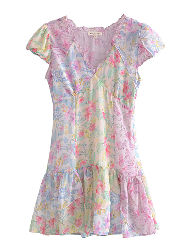 Floral Dresses- Boho Floral Drop Waist V-Neck Sundress with Ruffle Frills for Spring & Summer- Chuzko Women Clothing