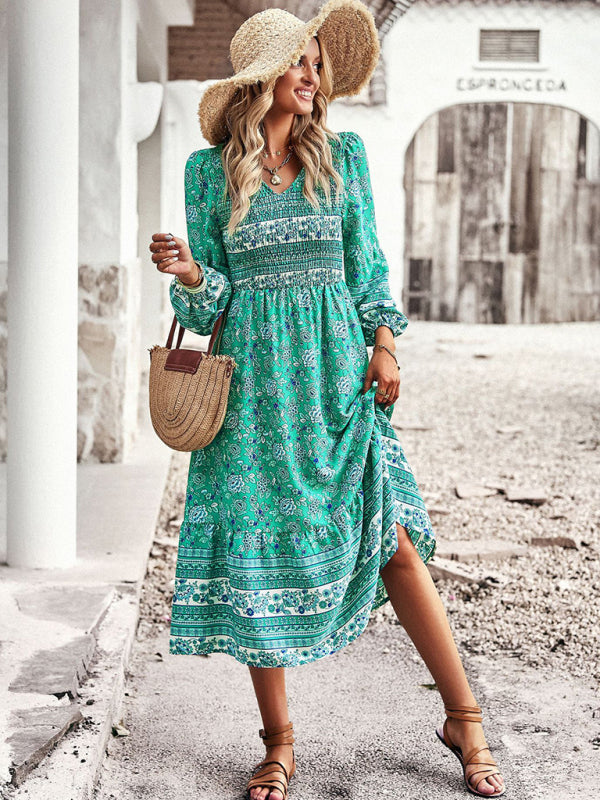 Floral Dresses- Boho Floral Smocked Bodice Midi Dress with Long Sleeves- Chuzko Women Clothing