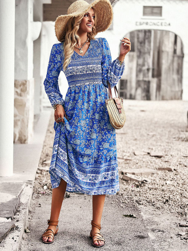 Floral Dresses- Boho Floral Smocked Bodice Midi Dress with Long Sleeves- Chuzko Women Clothing