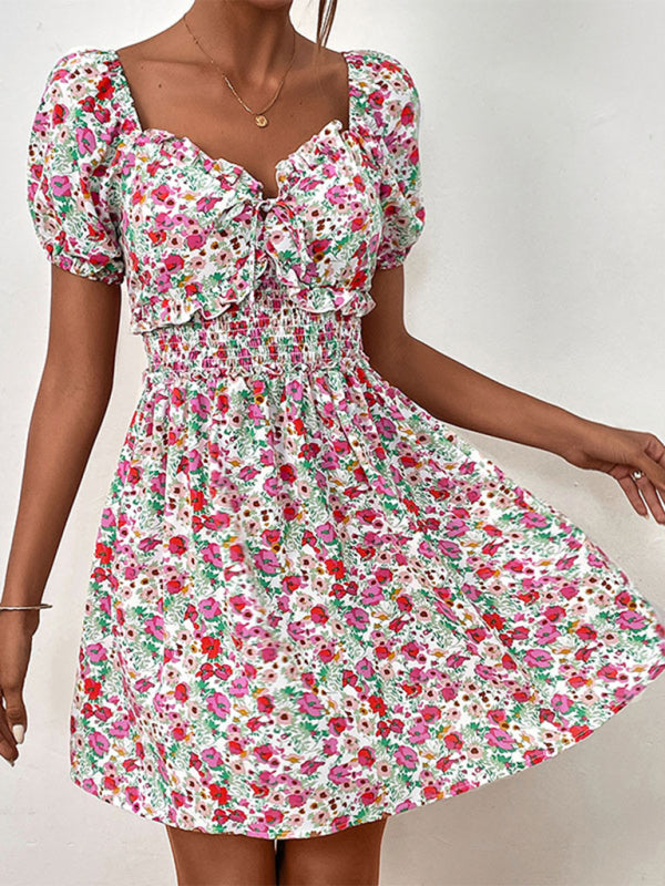 Floral Dresses- Boho Floral Sweetheart A-Line Sundress with Puff Sleeves- - Chuzko Women Clothing
