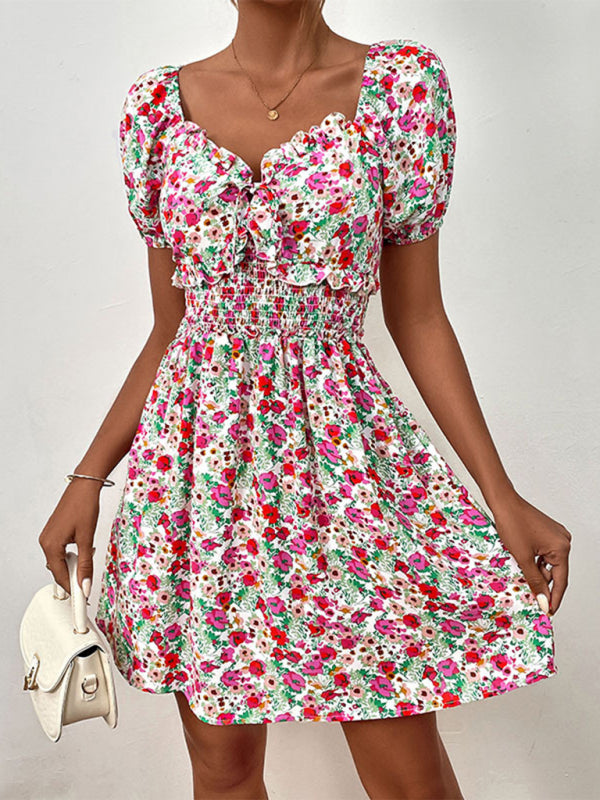 Floral Dresses- Boho Floral Sweetheart A-Line Sundress with Puff Sleeves- Rose- Chuzko Women Clothing