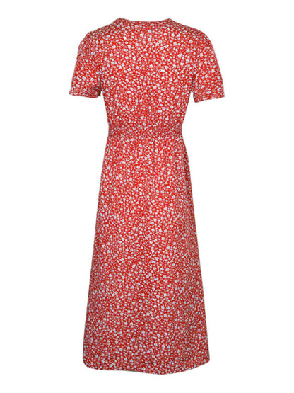 Floral Dresses- Ditsy Floral V-Neck Button-Up Midi Dress with Tie Waist- - Chuzko Women Clothing