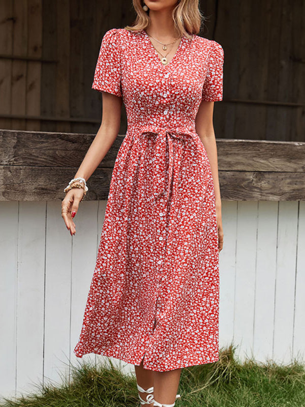 Floral Dresses- Ditsy Floral V-Neck Button-Up Midi Dress with Tie Waist- - Chuzko Women Clothing