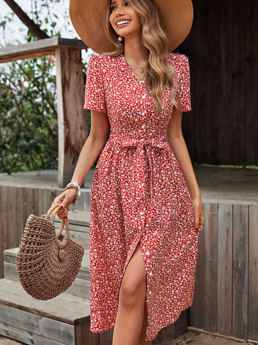 Floral Dresses- Ditsy Floral V-Neck Button-Up Midi Dress with Tie Waist- Red- Chuzko Women Clothing
