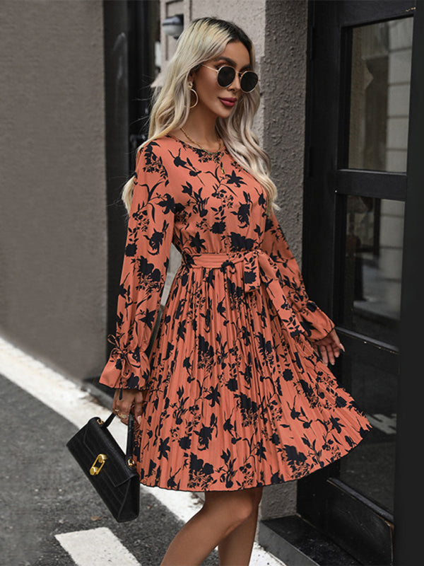 Floral Dresses- Fall Belt-Tie Pleated Dress with Long Sleeves- Chuzko Women Clothing