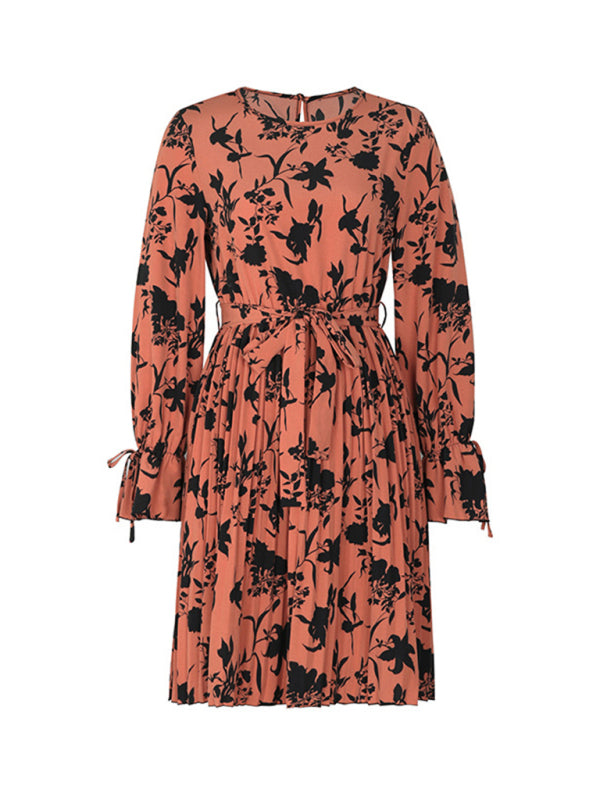 Floral Dresses- Fall Belt-Tie Pleated Dress with Long Sleeves- Chuzko Women Clothing