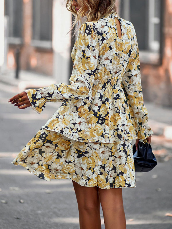 Floral Dresses- Floral A-Line Dress with Tiered Ruffles and Long Sleeves- Chuzko Women Clothing