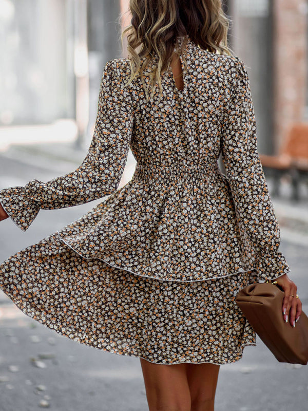 Floral Dresses- Floral A-Line Dress with Tiered Ruffles and Long Sleeves- Chuzko Women Clothing