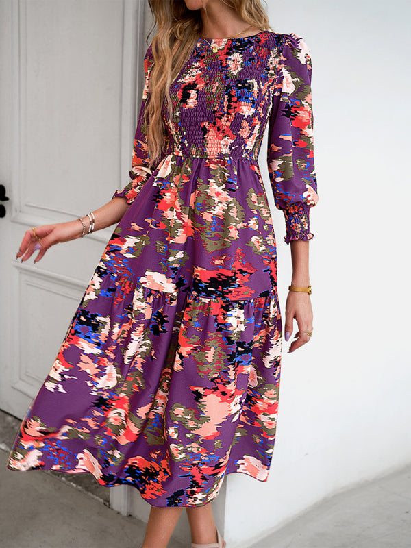 Floral Dresses- Floral A-Line Smocked Bodice Midi Dress with Flowing Tiered Skirt- Chuzko Women Clothing