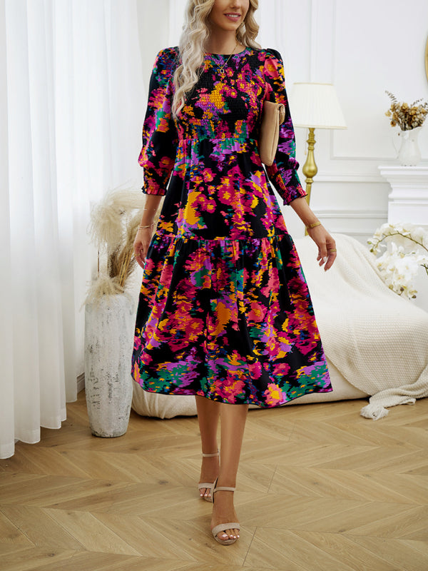 Floral Dresses- Floral A-Line Smocked Bodice Midi Dress with Flowing Tiered Skirt- Chuzko Women Clothing