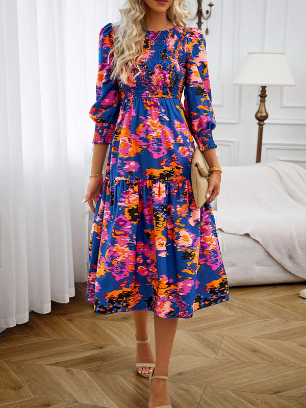 Floral Dresses- Floral A-Line Smocked Bodice Midi Dress with Flowing Tiered Skirt- Chuzko Women Clothing