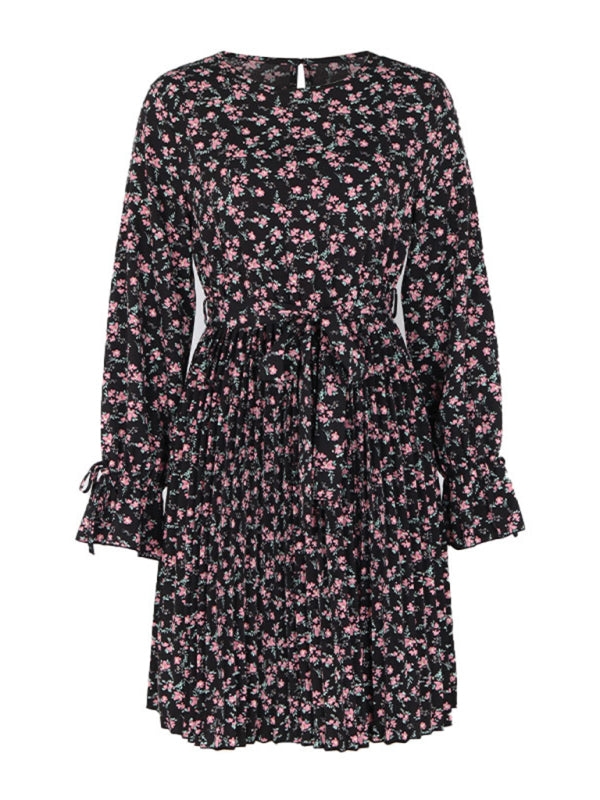 Floral Dresses- Floral Long Sleeve Belted A-Line Dress in Pleated Finish- Chuzko Women Clothing