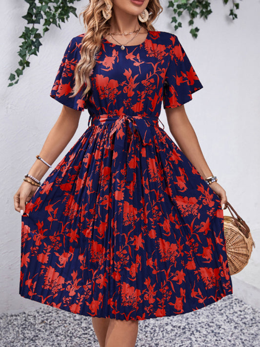 Floral Dresses- Floral Pleated Belt Tie Midi Dress in A-Line with Short Sleeves- Chuzko Women Clothing