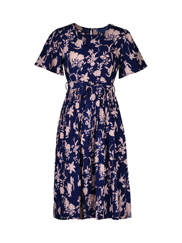 Floral Dresses- Floral Pleated Belt Tie Midi Dress in A-Line with Short Sleeves- Chuzko Women Clothing
