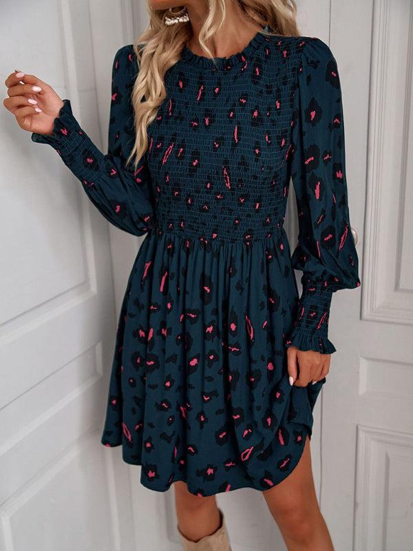 Floral Dresses- Floral Print A-Line Dress with Long Lantern Sleeves- Chuzko Women Clothing