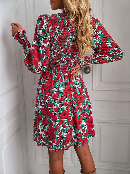 Floral Dresses- Floral Print A-Line Dress with Long Lantern Sleeves- Chuzko Women Clothing