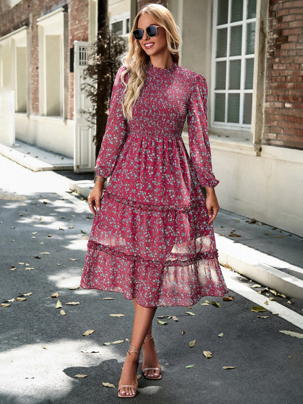 Floral Dresses- Floral Print Long Sleeve A-Line Smocked Dress with Tiered Ruffles- Chuzko Women Clothing