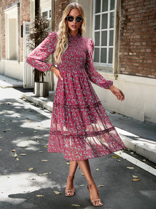 Floral Dresses- Floral Print Long Sleeve A-Line Smocked Dress with Tiered Ruffles- Chuzko Women Clothing