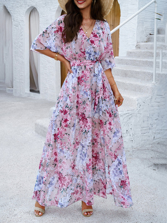 Floral Dresses- Floral Surplice Maxi Dress with Slit & Belt- Pink- Chuzko Women Clothing