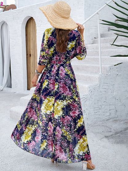 Floral Dresses- Floral Surplice Maxi Dress with Slit & Belt- - Chuzko Women Clothing