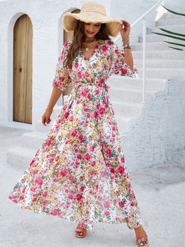 Floral Dresses- Floral Surplice Maxi Dress with Slit & Belt- - Chuzko Women Clothing