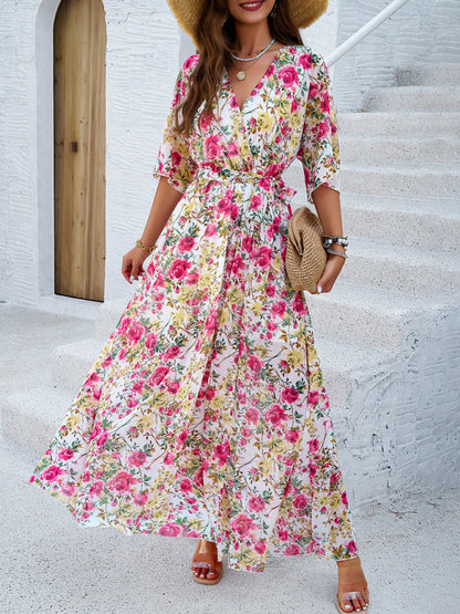 Floral Dresses- Floral Surplice Maxi Dress with Slit & Belt- - Chuzko Women Clothing