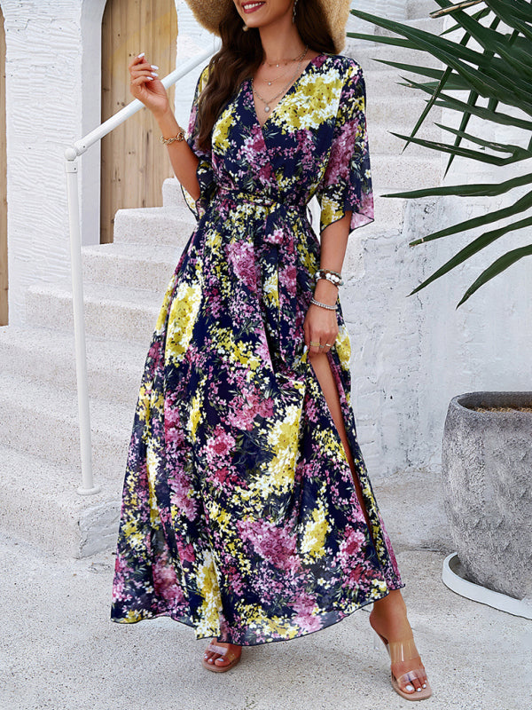 Floral Dresses- Floral Surplice Maxi Dress with Slit & Belt- - Chuzko Women Clothing