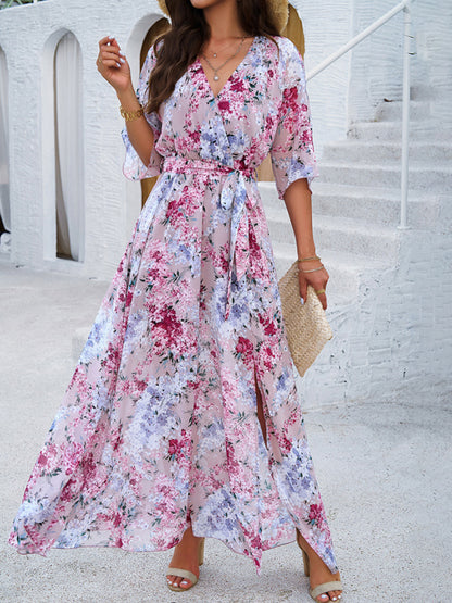 Floral Dresses- Floral Surplice Maxi Dress with Slit & Belt- - Chuzko Women Clothing