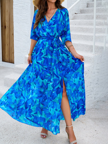 Floral Dresses- Floral Surplice Maxi Dress with Slit & Belt- Blue- Chuzko Women Clothing